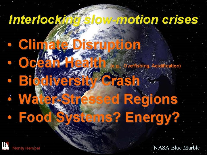 Interlocking slow-motion crises • Climate Disruption • Ocean Health • Biodiversity Crash • Water-Stressed