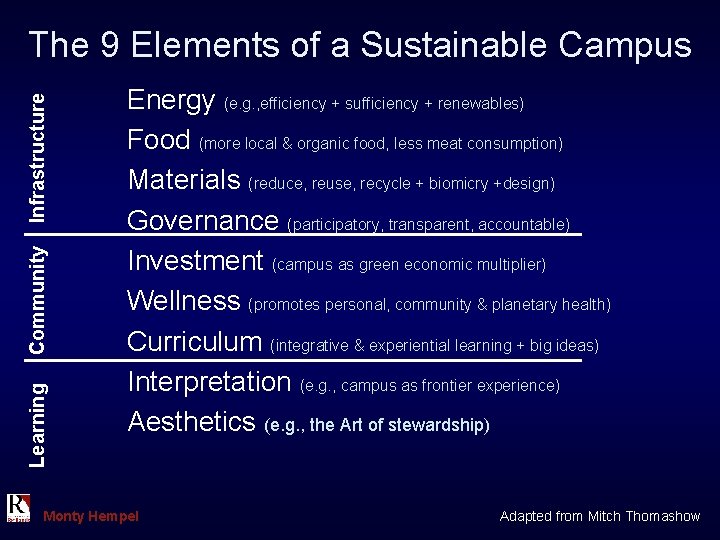  Learning Community Infrastructure The 9 Elements of a Sustainable Campus Energy (e. g.