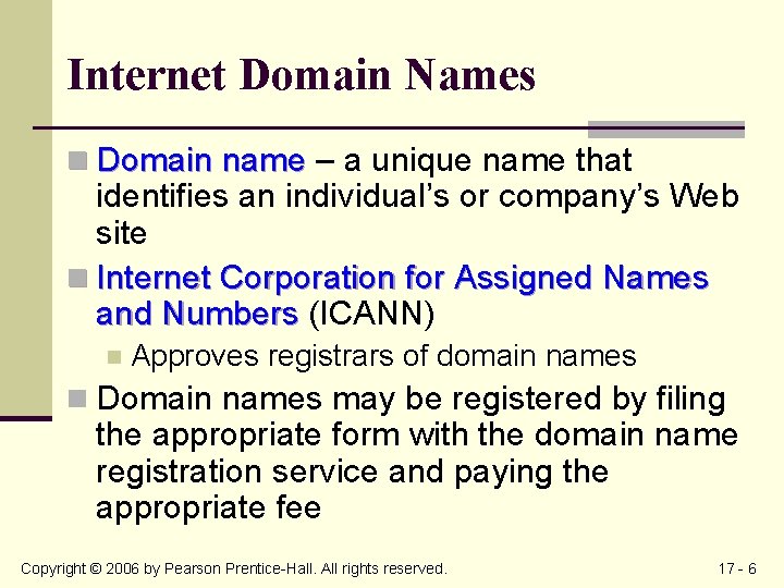 Internet Domain Names n Domain name – a unique name that identifies an individual’s