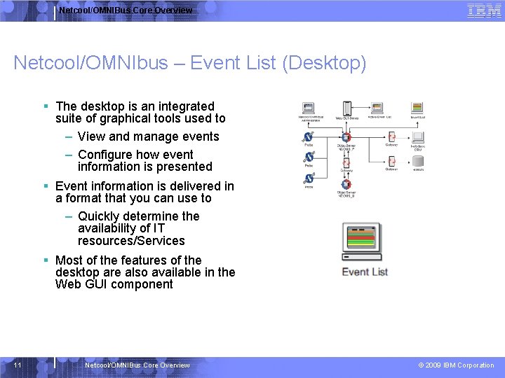 Netcool/OMNIBus Core Overview Netcool/OMNIbus – Event List (Desktop) § The desktop is an integrated