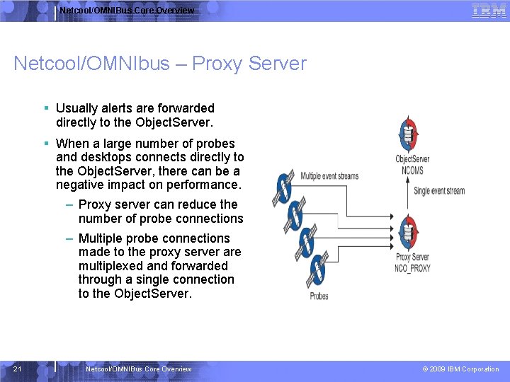 Netcool/OMNIBus Core Overview Netcool/OMNIbus – Proxy Server § Usually alerts are forwarded directly to