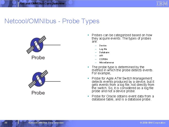 Netcool/OMNIBus Core Overview Netcool/OMNIbus - Probe Types § Probes can be categorized based on