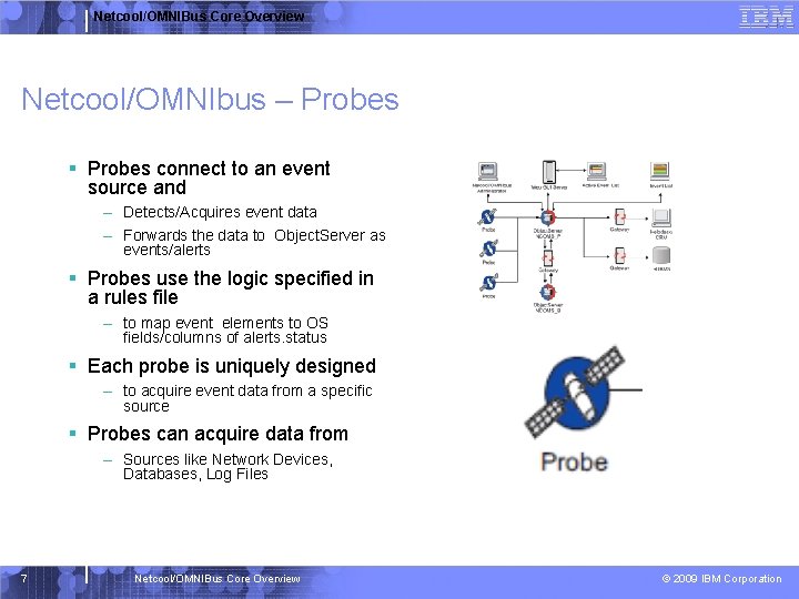 Netcool/OMNIBus Core Overview Netcool/OMNIbus – Probes § Probes connect to an event source and
