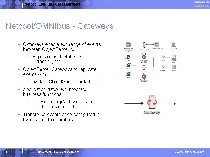 Netcool/OMNIBus Core Overview Netcool/OMNIbus - Gateways § Gateways enable exchange of events between Object.