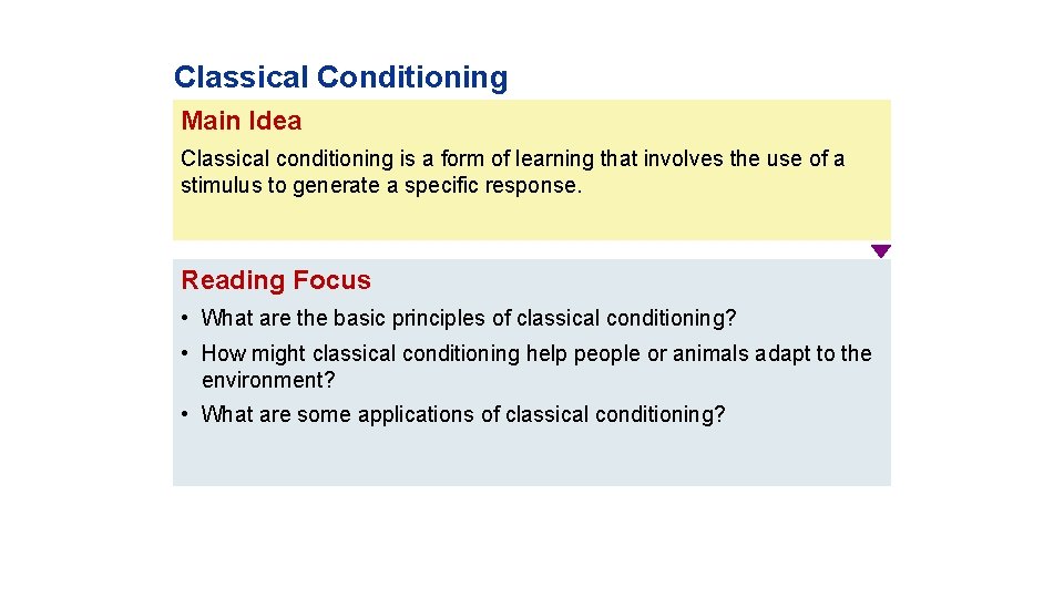 Classical Conditioning Main Idea Classical conditioning is a form of learning that involves the