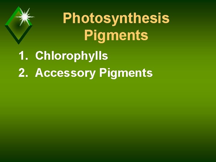 Photosynthesis Pigments 1. Chlorophylls 2. Accessory Pigments 