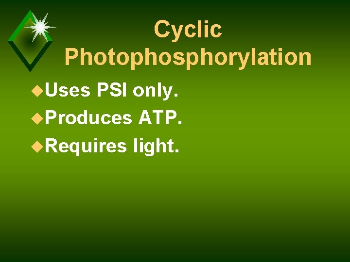 Cyclic Photophosphorylation u. Uses PSI only. u. Produces ATP. u. Requires light. 