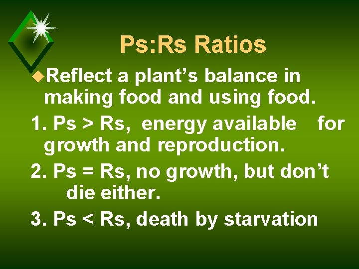 Ps: Rs Ratios u. Reflect a plant’s balance in making food and using food.