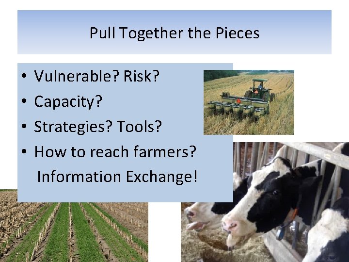 Pull Together the Pieces • • Vulnerable? Risk? Capacity? Strategies? Tools? How to reach