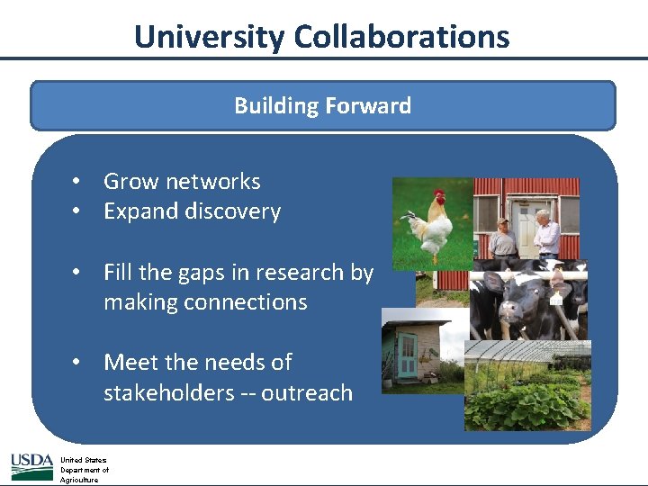 University Collaborations Building Forward • Grow networks • Expand discovery • Fill the gaps