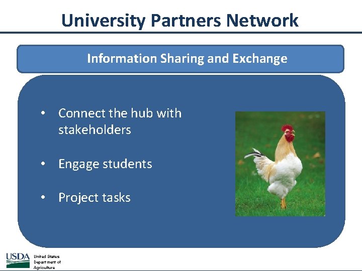 University Partners Network Information Sharing and Exchange • Connect the hub with stakeholders •