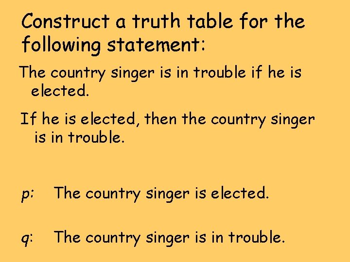 Construct a truth table for the following statement: The country singer is in trouble