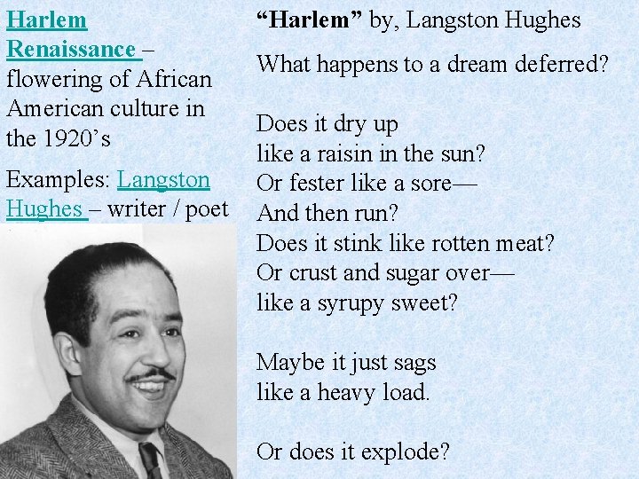 Harlem Renaissance – flowering of African American culture in the 1920’s Examples: Langston Hughes