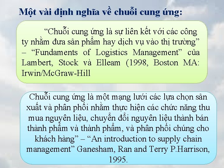 Một vài định nghĩa về chuỗi cung ứng: “Chuỗi cung ứng là sự liên