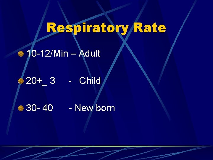 Respiratory Rate 10 -12/Min – Adult 20+_ 3 - Child 30 - 40 -