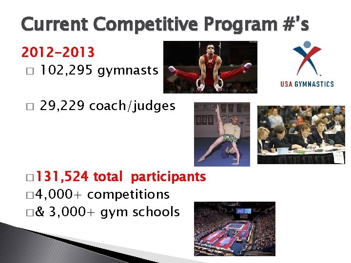 Current Competitive Program #’s 2012 -2013 � 102, 295 gymnasts � 29, 229 coach/judges