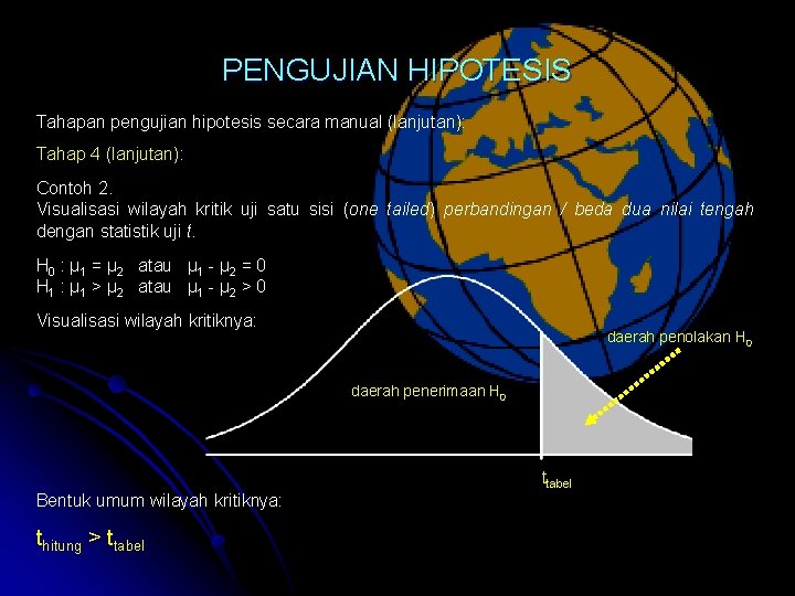 PENGUJIAN HIPOTESIS Tahapan pengujian hipotesis secara manual (lanjutan): Tahap 4 (lanjutan): Contoh 2. Visualisasi