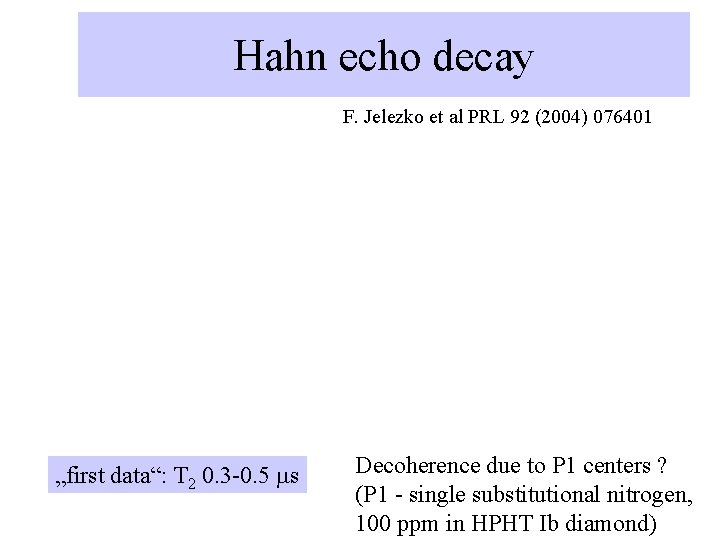 Hahn echo decay F. Jelezko et al PRL 92 (2004) 076401 „first data“: T