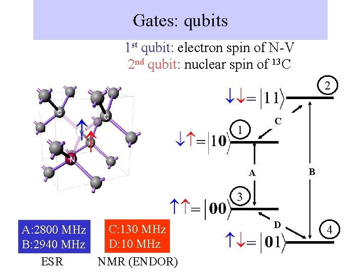 Gates: qubits 1 st qubit: electron spin of N-V 2 nd qubit: nuclear spin