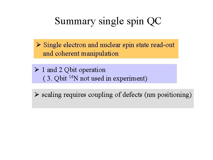 Summary single spin QC Ø Single electron and nuclear spin state read-out and coherent
