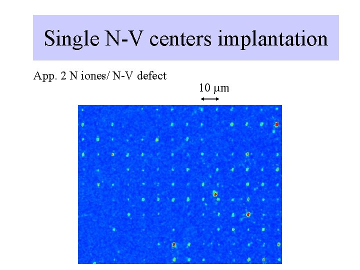 Single N-V centers implantation App. 2 N iones/ N-V defect 10 µm 