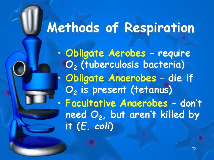Methods of Respiration • Obligate Aerobes – require O 2 (tuberculosis bacteria) • Obligate
