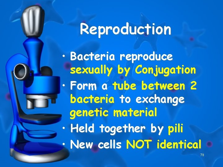 Reproduction • Bacteria reproduce sexually by Conjugation • Form a tube between 2 bacteria