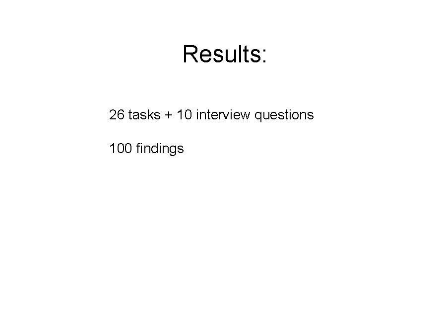 Results: 26 tasks + 10 interview questions 100 findings 