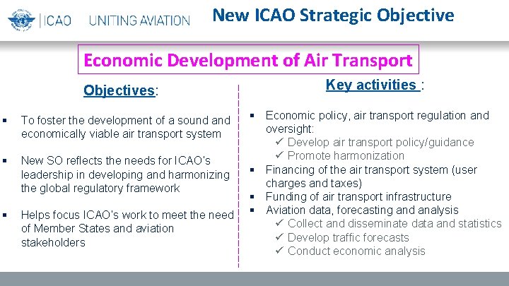 New ICAO Strategic Objective Economic Development of Air Transport Objectives: § To foster the
