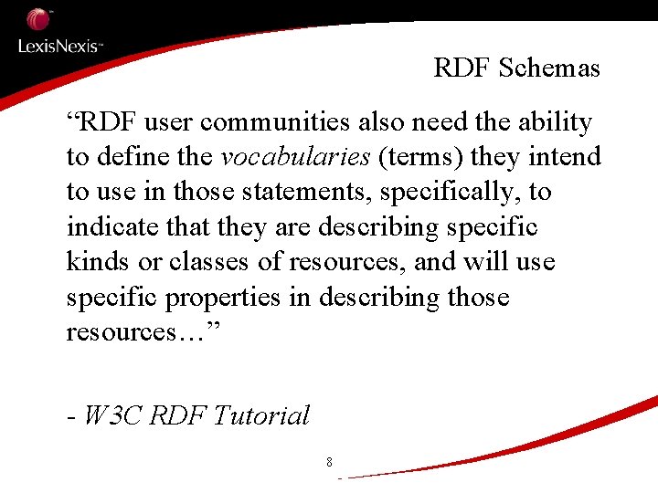 RDF Schemas “RDF user communities also need the ability to define the vocabularies (terms)