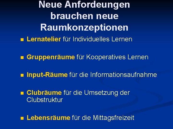 Neue Anfordeungen brauchen neue Raumkonzeptionen Lernatelier für Individuelles Lernen Gruppenräume für Kooperatives Lernen Input-Räume