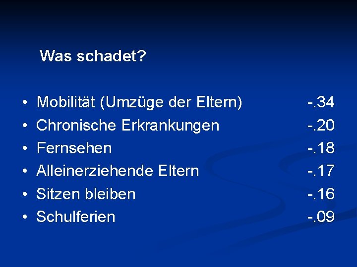 Was schadet? • • • Mobilität (Umzüge der Eltern) Chronische Erkrankungen Fernsehen Alleinerziehende Eltern