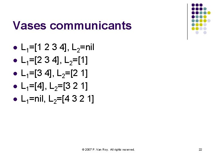 Vases communicants l l l L 1=[1 2 3 4], L 2=nil L 1=[2