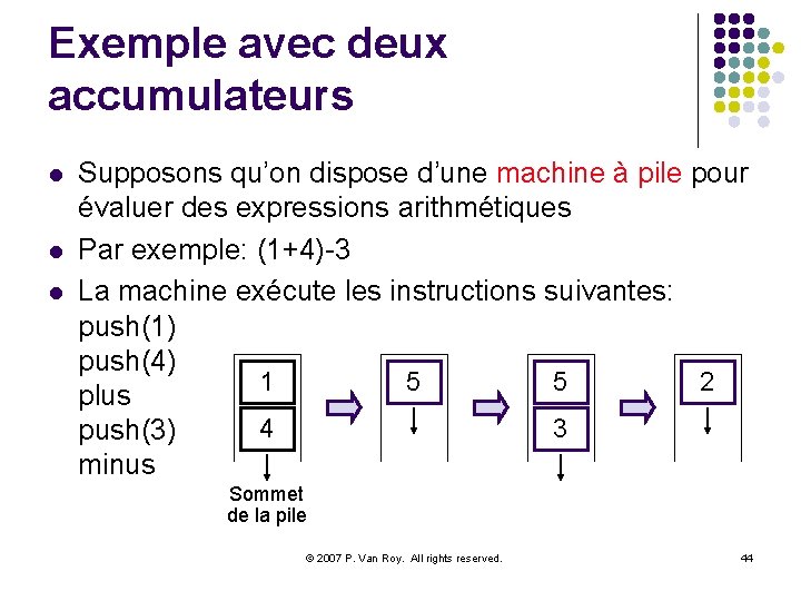 Exemple avec deux accumulateurs l l l Supposons qu’on dispose d’une machine à pile