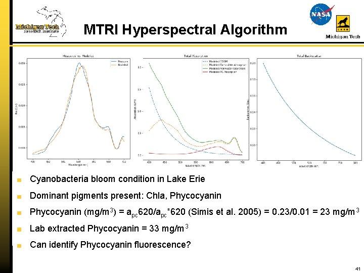 MTRI Hyperspectral Algorithm Cyanobacteria bloom condition in Lake Erie Dominant pigments present: Chla, Phycocyanin