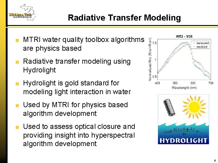 Radiative Transfer Modeling MTRI water quality toolbox algorithms are physics based Radiative transfer modeling
