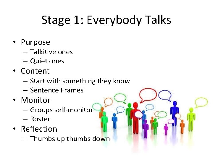 Stage 1: Everybody Talks • Purpose – Talkitive ones – Quiet ones • Content