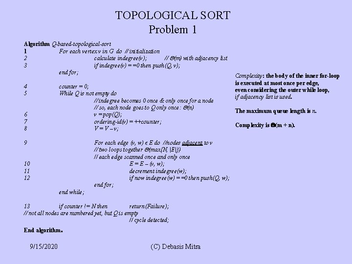 TOPOLOGICAL SORT Problem 1 Algorithm Q-based-topological-sort 1 For each vertex v in G do