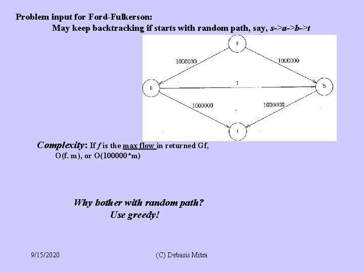 Problem input for Ford-Fulkerson: May keep backtracking if starts with random path, say, s->a->b->t