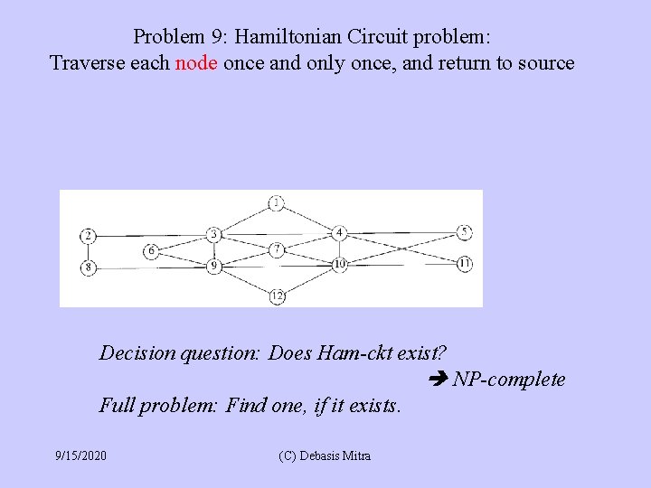 Problem 9: Hamiltonian Circuit problem: Traverse each node once and only once, and return