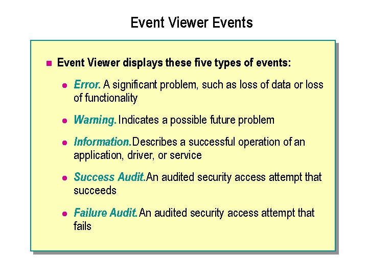 Event Viewer Events n Event Viewer displays these five types of events: l Error.