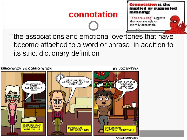 connotation �the associations and emotional overtones that have become attached to a word or