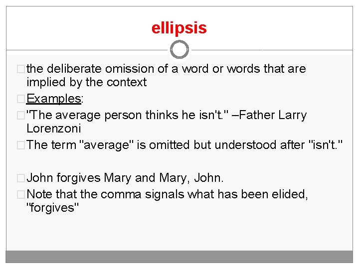 ellipsis �the deliberate omission of a word or words that are implied by the