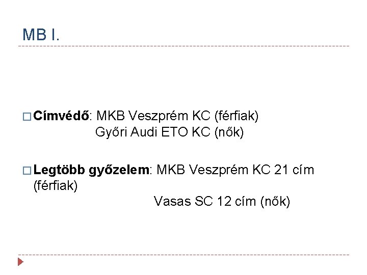 MB I. � Címvédő: MKB Veszprém KC (férfiak) Győri Audi ETO KC (nők) �