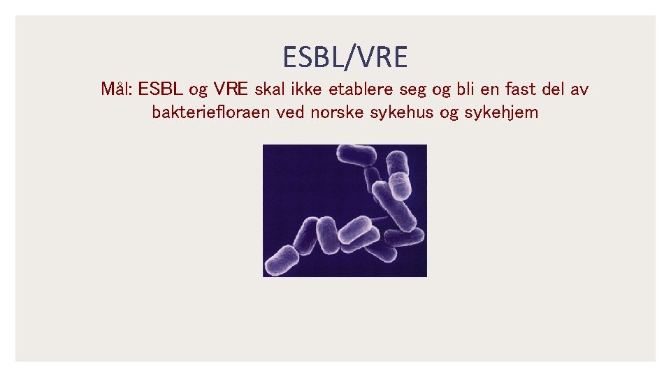 ESBL/VRE Mål: ESBL og VRE skal ikke etablere seg og bli en fast del