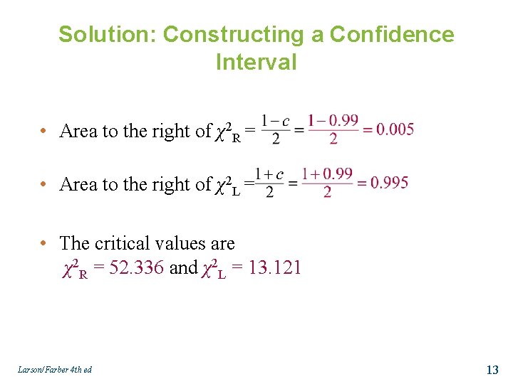 Solution: Constructing a Confidence Interval • Area to the right of χ2 R =