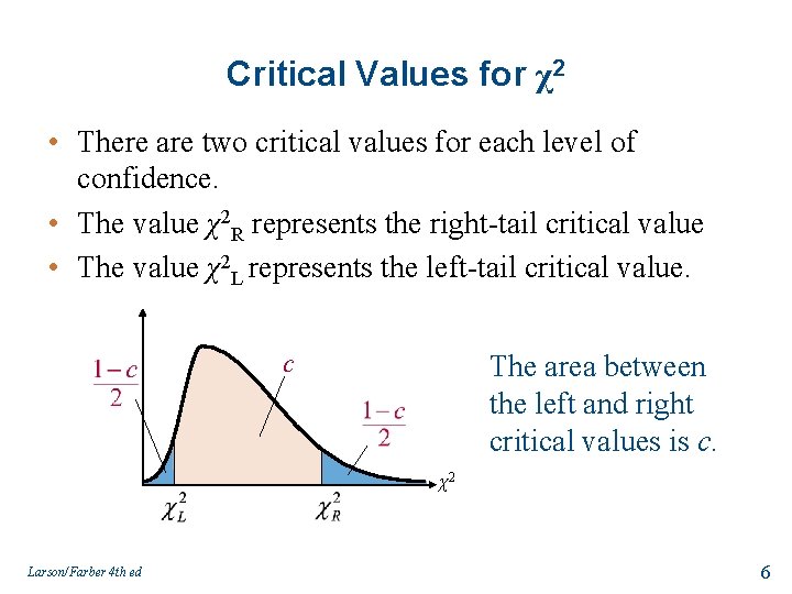 Critical Values for χ2 • There are two critical values for each level of