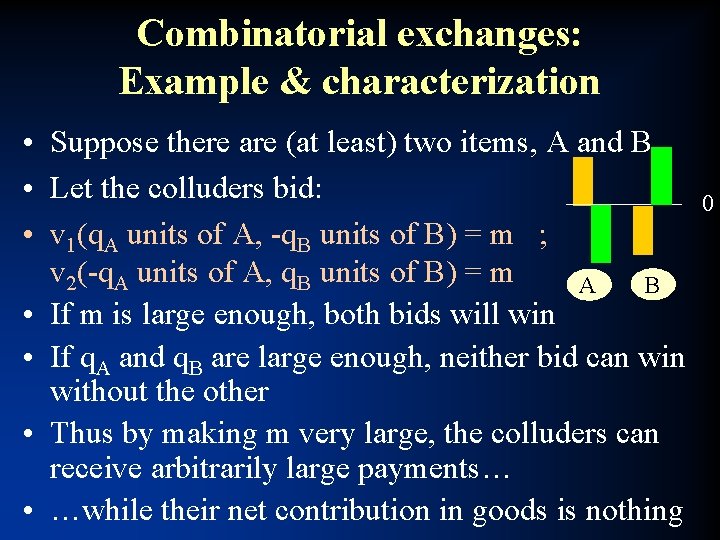 Combinatorial exchanges: Example & characterization • Suppose there are (at least) two items, A