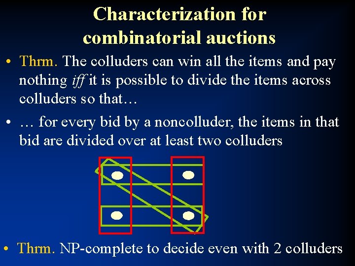 Characterization for combinatorial auctions • Thrm. The colluders can win all the items and