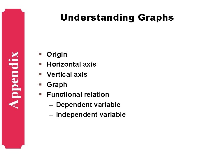 Appendix Understanding Graphs § § § Origin Horizontal axis Vertical axis Graph Functional relation
